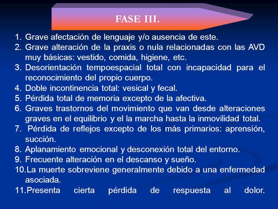 FASE III. Grave afectación de lenguaje y/o ausencia de este.