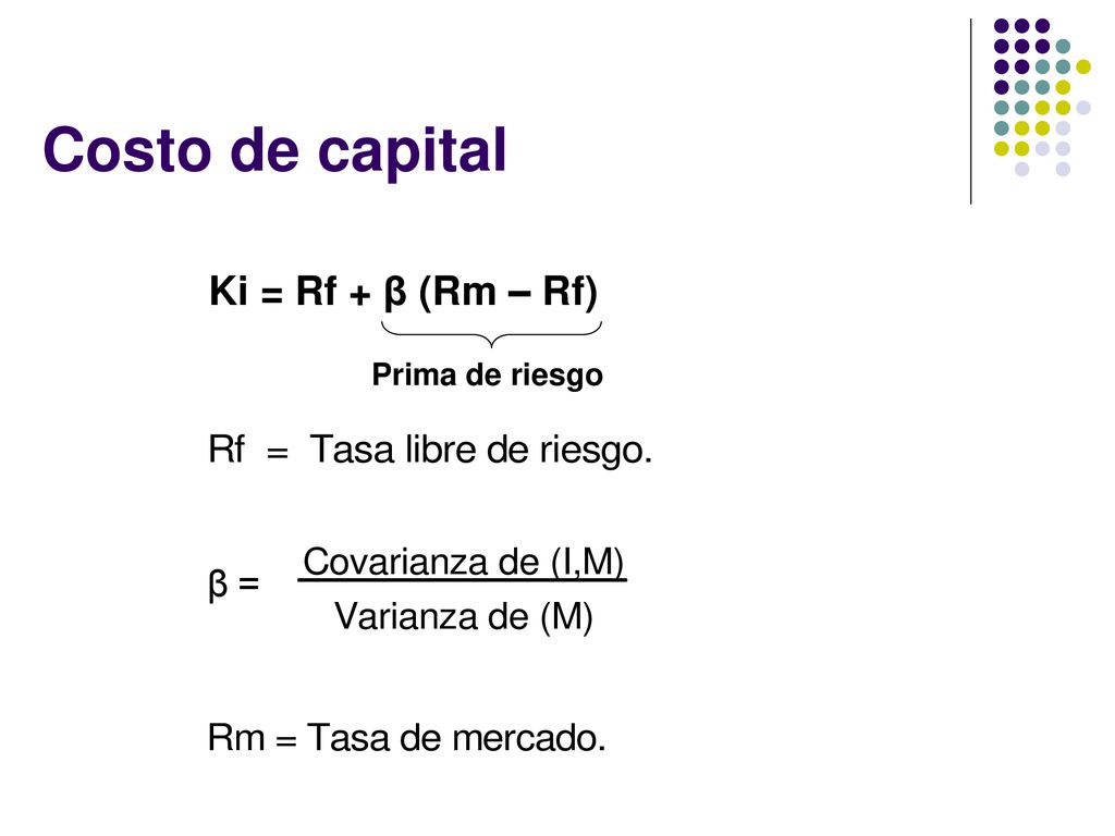 Costo de capital Ki = Rf + β (Rm – Rf) Prima de riesgo