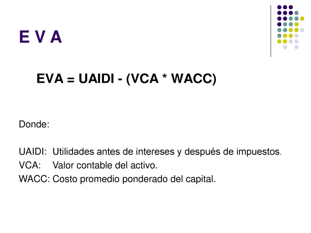 E V A Donde: UAIDI: Utilidades antes de intereses y después de impuestos. VCA: Valor contable del activo.
