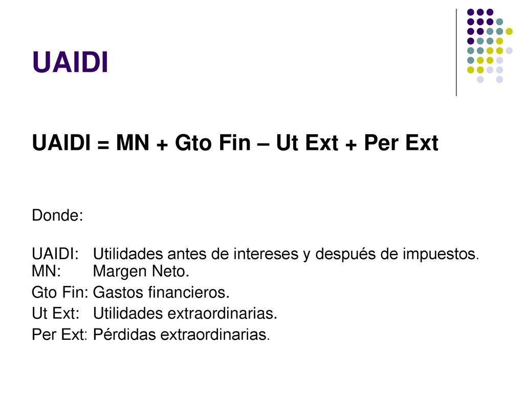 UAIDI UAIDI = MN + Gto Fin – Ut Ext + Per Ext Donde: