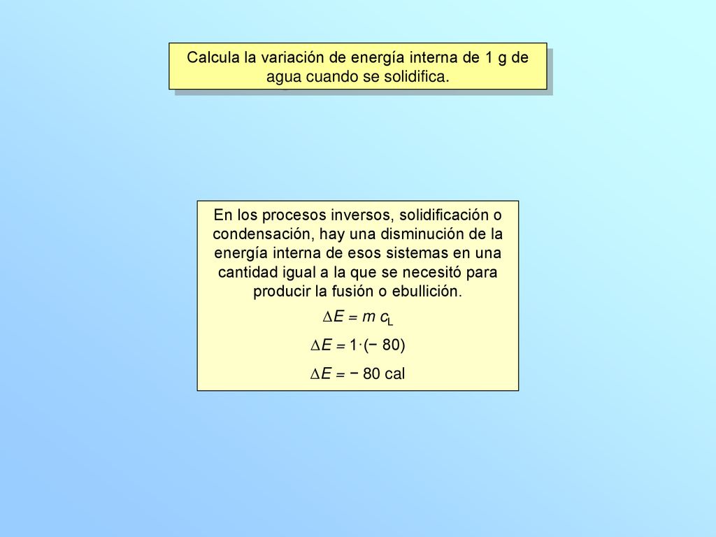 Calcula la variación de energía interna de 1 g de agua cuando se solidifica.
