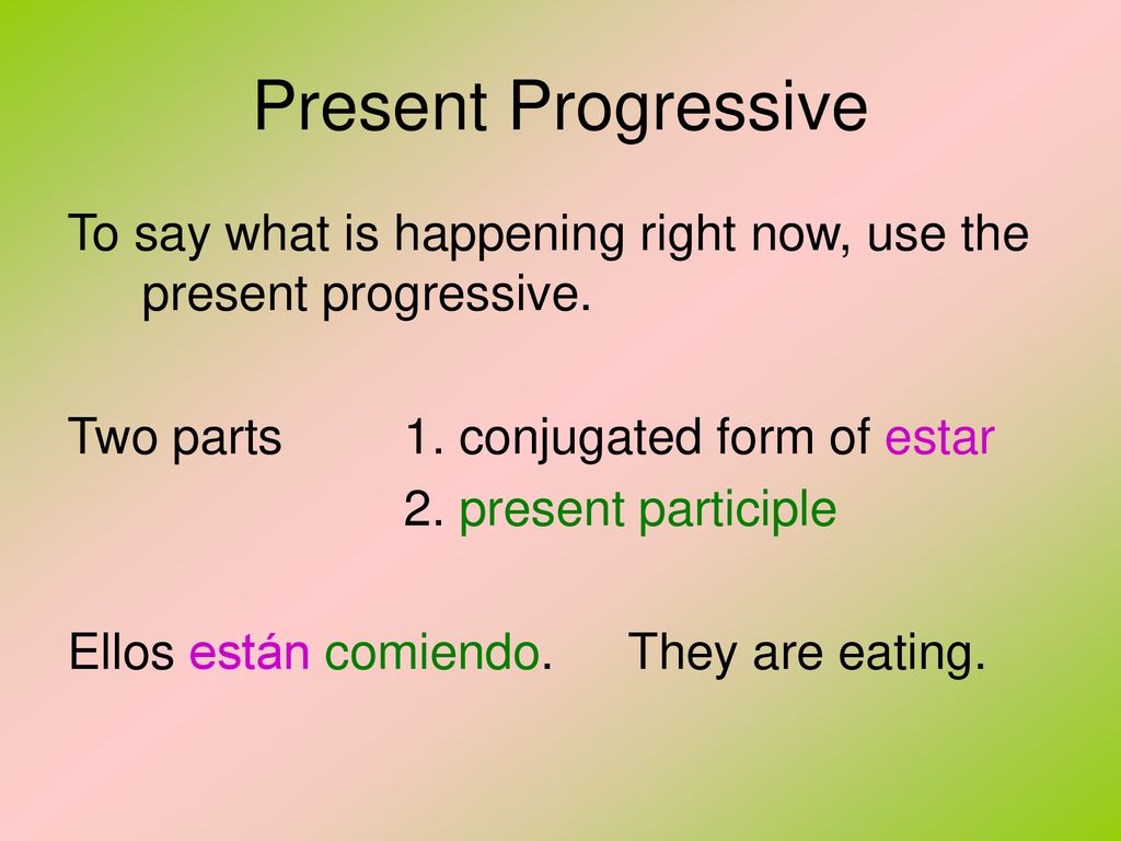 Present Progressive To say what is happening right now, use the present progressive. Two parts 1. conjugated form of estar.