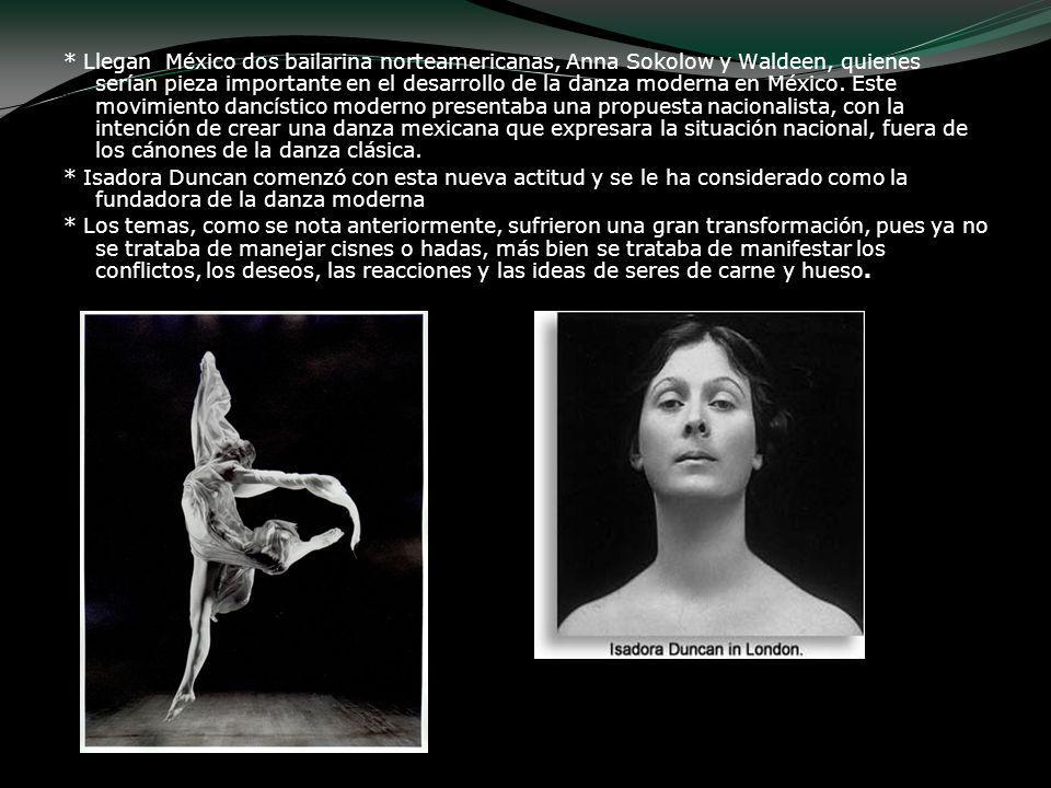 * Llegan México dos bailarina norteamericanas, Anna Sokolow y Waldeen, quienes serían pieza importante en el desarrollo de la danza moderna en México. Este movimiento dancístico moderno presentaba una propuesta nacionalista, con la intención de crear una danza mexicana que expresara la situación nacional, fuera de los cánones de la danza clásica.