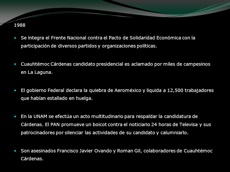 1988 Se integra el Frente Nacional contra el Pacto de Solidaridad Económica con la participación de diversos partidos y organizaciones políticas.