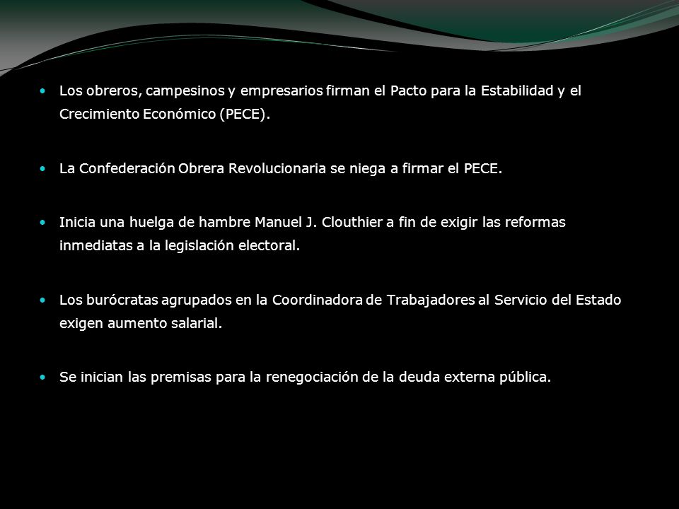 Los obreros, campesinos y empresarios firman el Pacto para la Estabilidad y el Crecimiento Económico (PECE).