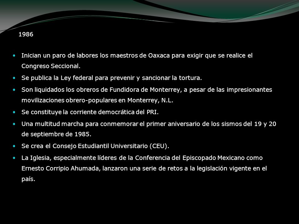 1986 Inician un paro de labores los maestros de Oaxaca para exigir que se realice el Congreso Seccional.