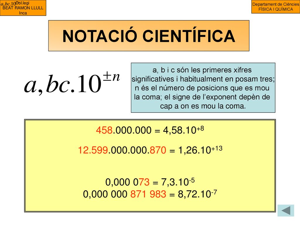 NOTACIÓ CIENTÍFICA a, b i c són les primeres xifres. significatives i habitualment en posam tres; n és el número de posicions que es mou.