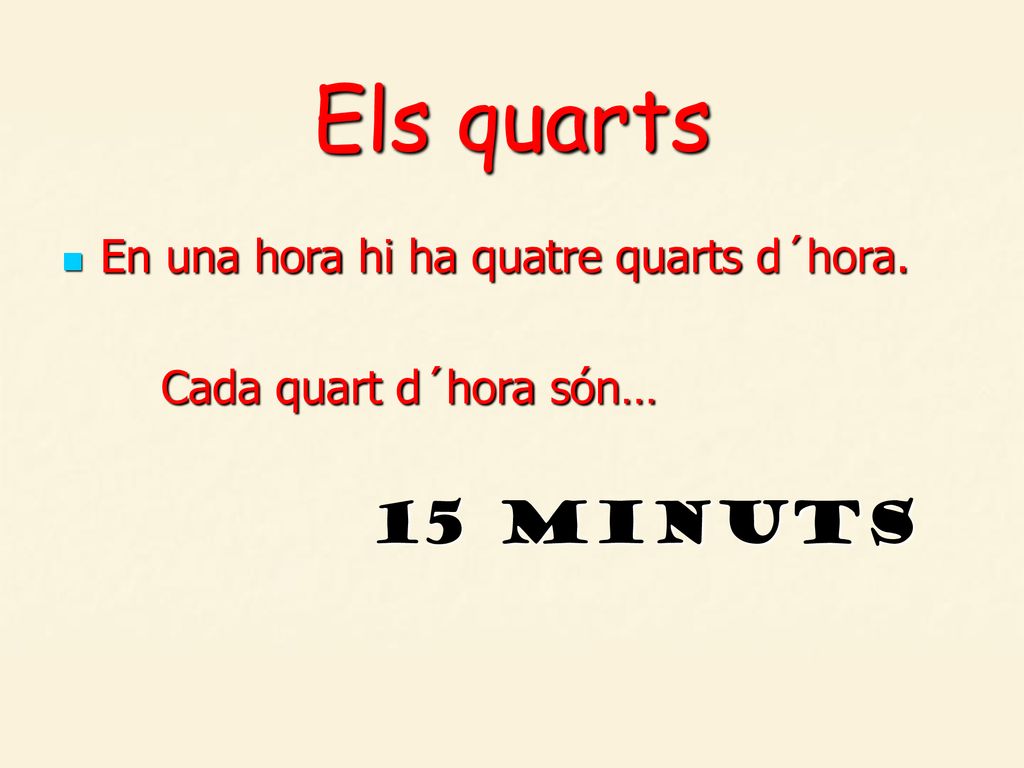 Els quarts En una hora hi ha quatre quarts d´hora.