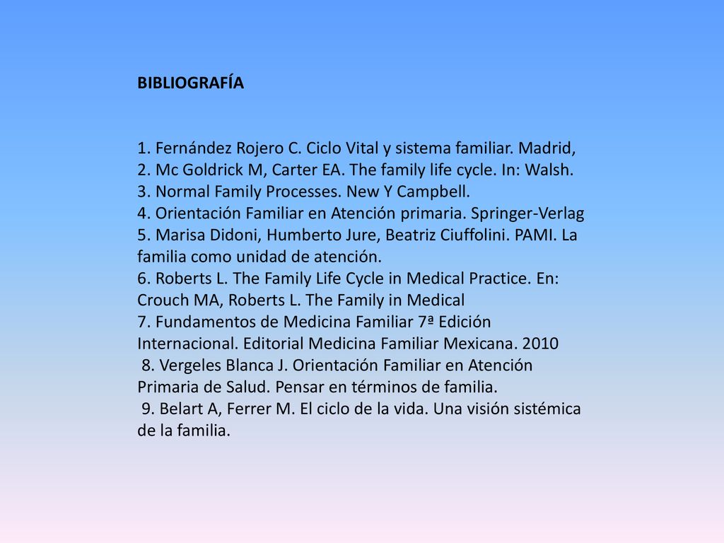 BIBLIOGRAFÍA 1. Fernández Rojero C. Ciclo Vital y sistema familiar. Madrid,