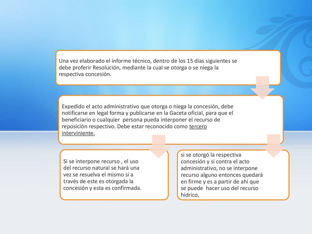 Una vez elaborado el informe técnico, dentro de los 15 días siguientes se debe proferir Resolución, mediante la cual se otorga o se niega la respectiva concesión.