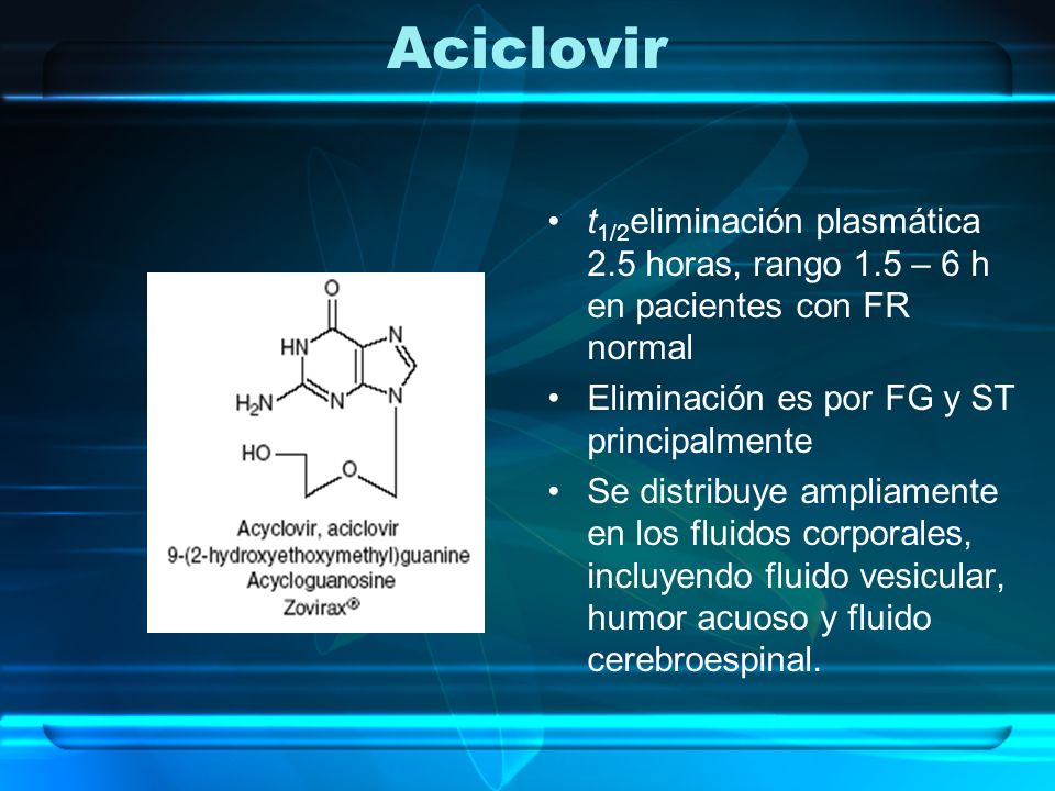 Aciclovir t1/2eliminación plasmática 2.5 horas, rango 1.5 – 6 h en pacientes con FR normal. Eliminación es por FG y ST principalmente.