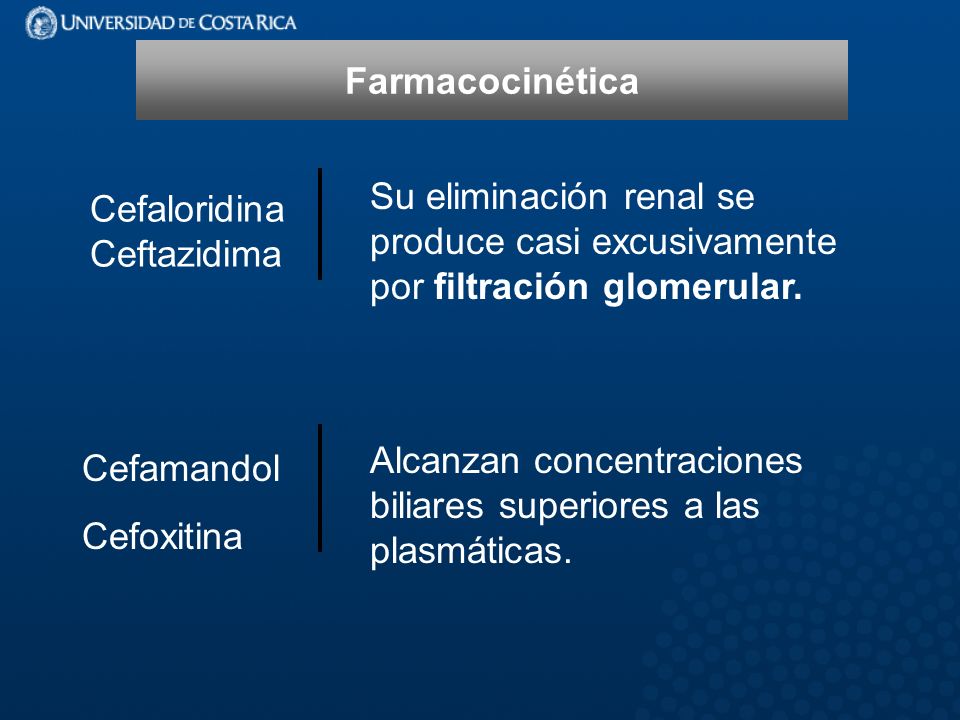 Farmacocinética Cefaloridina Ceftazidima. Su eliminación renal se produce casi excusivamente por filtración glomerular.