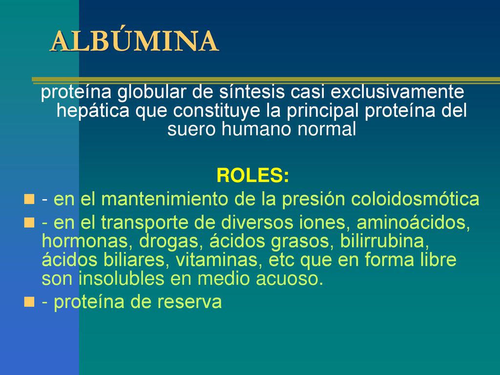 ALBÚMINA proteína globular de síntesis casi exclusivamente hepática que constituye la principal proteína del suero humano normal.