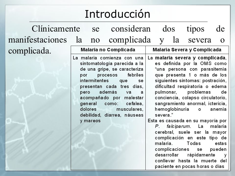 Introducción Clínicamente se consideran dos tipos de manifestaciones la no complicada y la severa o complicada.
