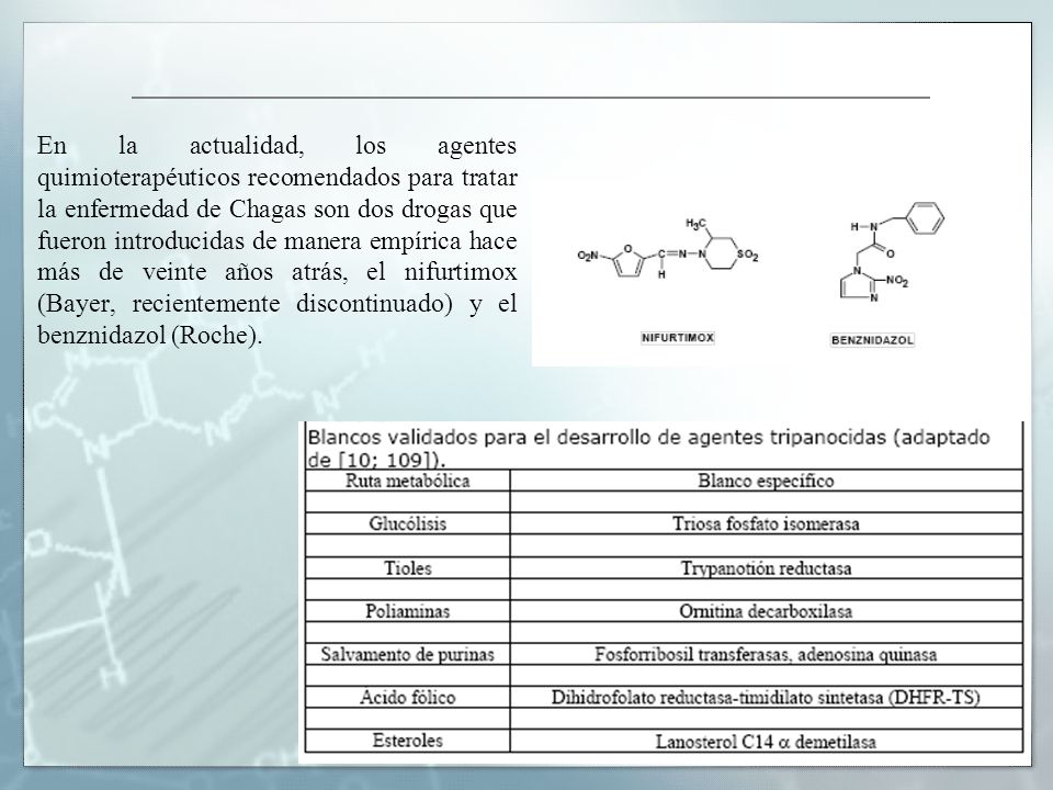 En la actualidad, los agentes quimioterapéuticos recomendados para tratar la enfermedad de Chagas son dos drogas que fueron introducidas de manera empírica hace más de veinte años atrás, el nifurtimox (Bayer, recientemente discontinuado) y el benznidazol (Roche).