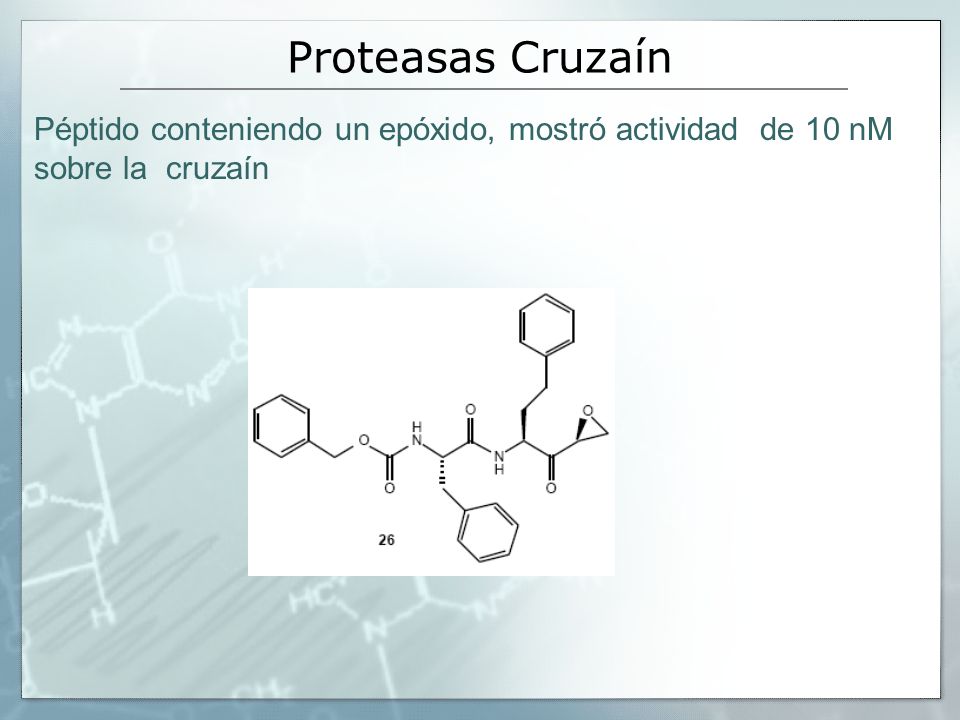 Proteasas Cruzaín Péptido conteniendo un epóxido, mostró actividad de 10 nM sobre la cruzaín