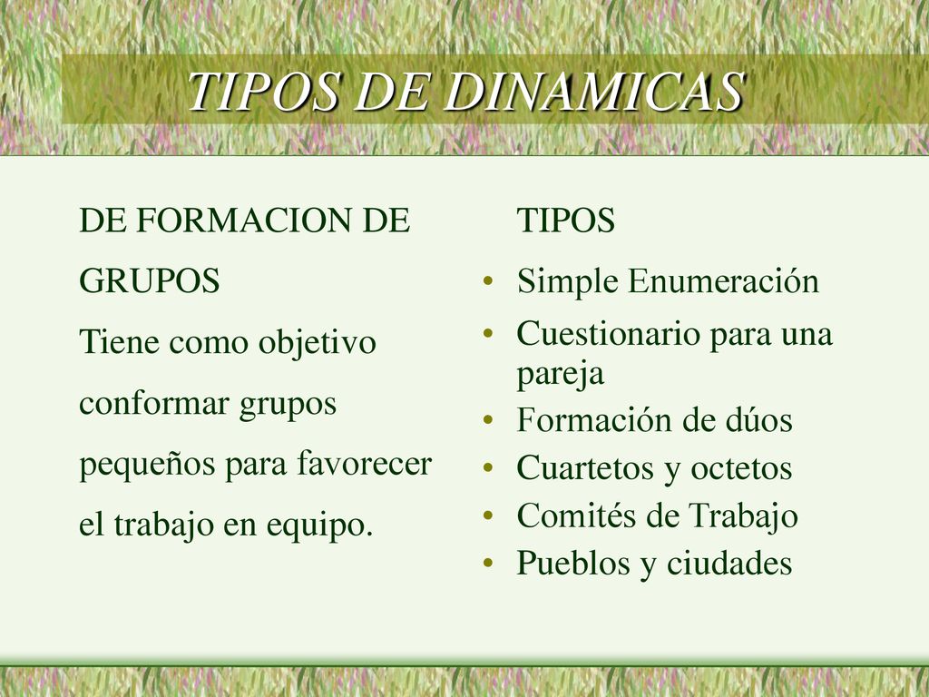 TIPOS DE DINAMICAS DE FORMACION DE GRUPOS Tiene como objetivo