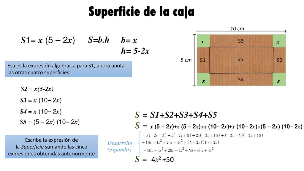 Superficie de la caja S1= x (5 – 2x) S=b.h b= x h= 5-2x