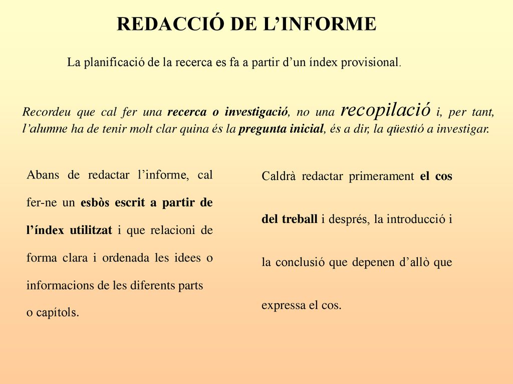 REDACCIÓ DE L’INFORME La planificació de la recerca es fa a partir d’un índex provisional.
