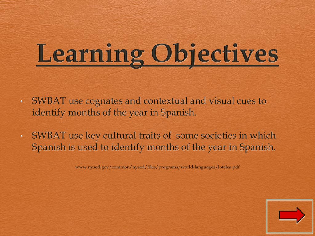 Learning Objectives SWBAT use cognates and contextual and visual cues to identify months of the year in Spanish.