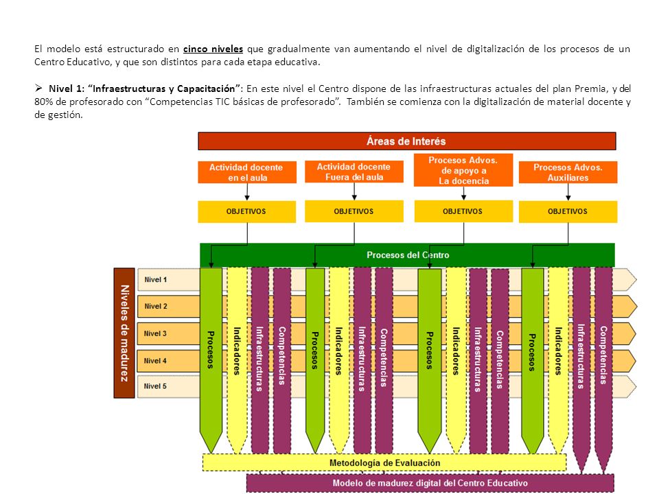 El modelo está estructurado en cinco niveles que gradualmente van aumentando el nivel de digitalización de los procesos de un Centro Educativo, y que son distintos para cada etapa educativa.