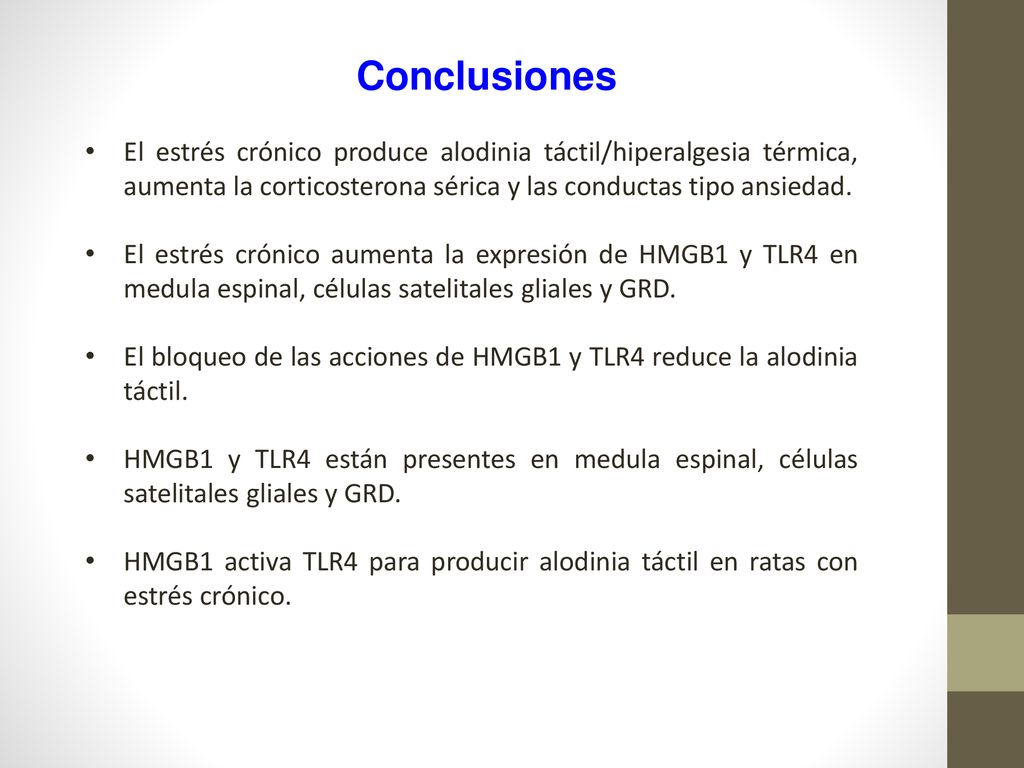 Conclusiones El estrés crónico produce alodinia táctil/hiperalgesia térmica, aumenta la corticosterona sérica y las conductas tipo ansiedad.