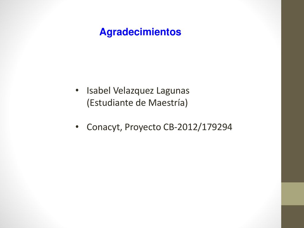 Agradecimientos Isabel Velazquez Lagunas (Estudiante de Maestría) Conacyt, Proyecto CB-2012/179294