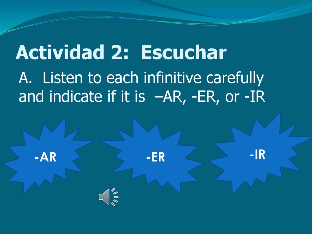 Actividad 2: Escuchar A. Listen to each infinitive carefully and indicate if it is –AR, -ER, or -IR.