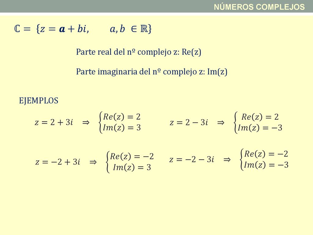ℂ= 𝑧=𝑎+𝑏𝑖, 𝑎,𝑏 ∈ℝ 𝑎 𝑏 Parte real del nº complejo z: Re(z)