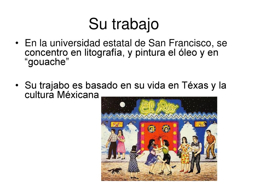 Su trabajo En la universidad estatal de San Francisco, se concentro en litografía, y pintura el óleo y en gouache