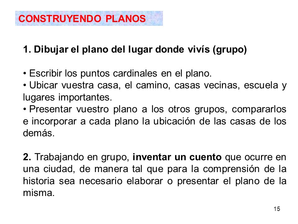 CONSTRUYENDO PLANOS 1. Dibujar el plano del lugar donde vivís (grupo) Escribir los puntos cardinales en el plano.