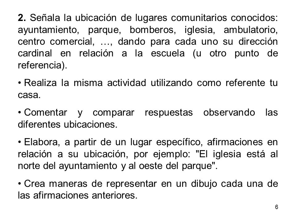 2. Señala la ubicación de lugares comunitarios conocidos: ayuntamiento, parque, bomberos, iglesia, ambulatorio, centro comercial, …, dando para cada uno su dirección cardinal en relación a la escuela (u otro punto de referencia).