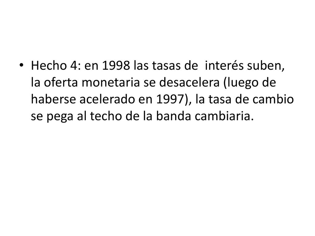 Hecho 4: en 1998 las tasas de interés suben, la oferta monetaria se desacelera (luego de haberse acelerado en 1997), la tasa de cambio se pega al techo de la banda cambiaria.