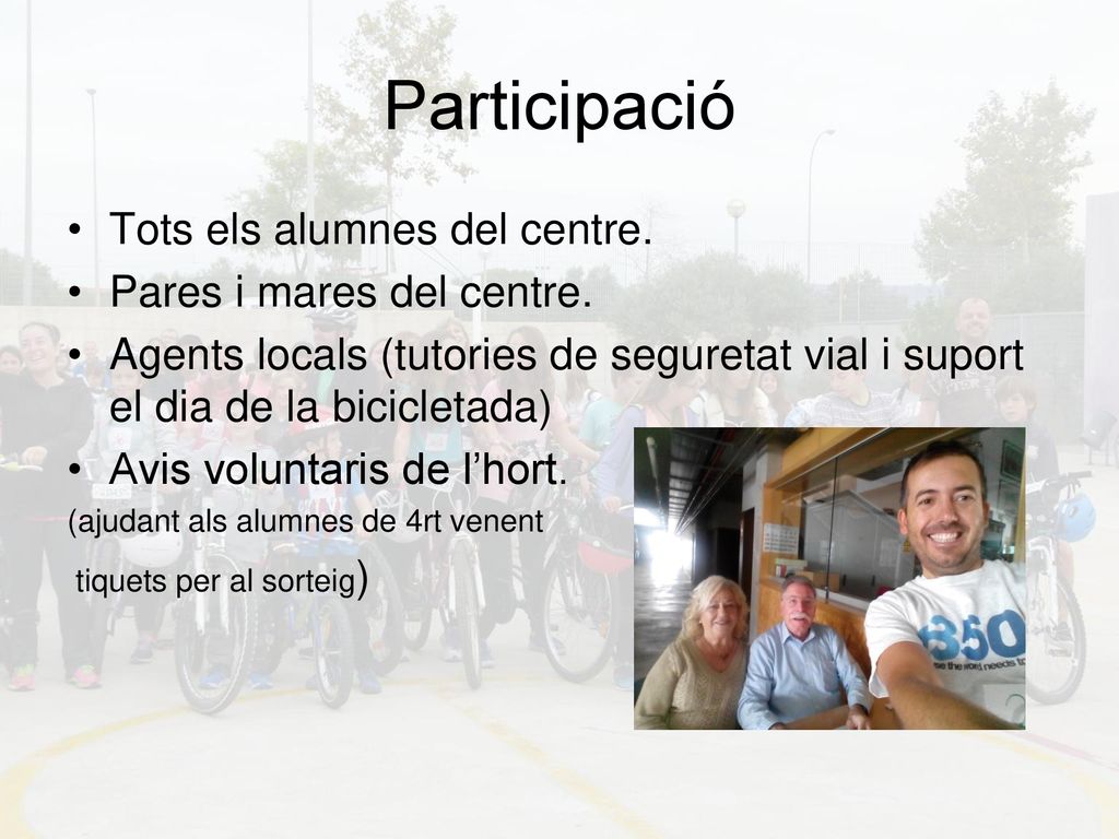 Participació Tots els alumnes del centre. Pares i mares del centre.