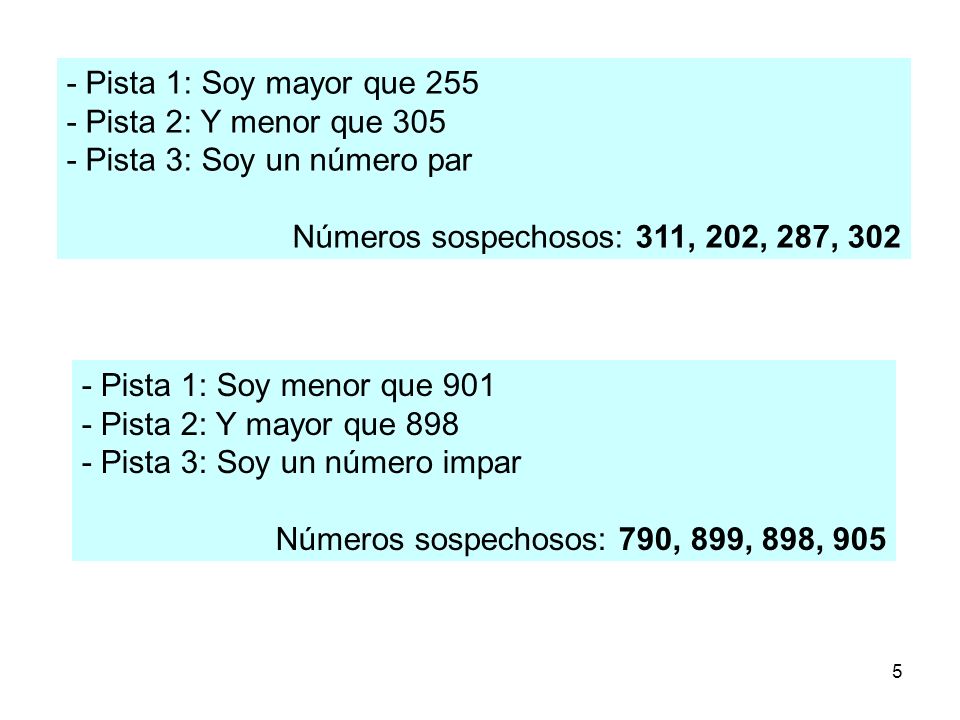 - Pista 1: Soy mayor que Pista 2: Y menor que Pista 3: Soy un número par. Números sospechosos: 311, 202, 287, 302.