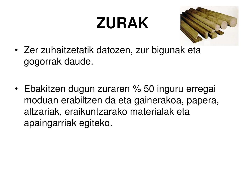 ZURAK Zer zuhaitzetatik datozen, zur bigunak eta gogorrak daude.