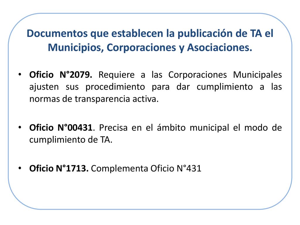 Documentos que establecen la publicación de TA el Municipios, Corporaciones y Asociaciones.