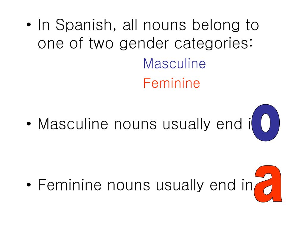 In Spanish, all nouns belong to one of two gender categories: