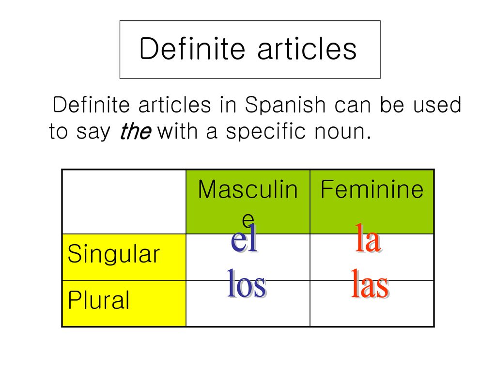 Definite articles Masculine Feminine Singular Plural el la los las