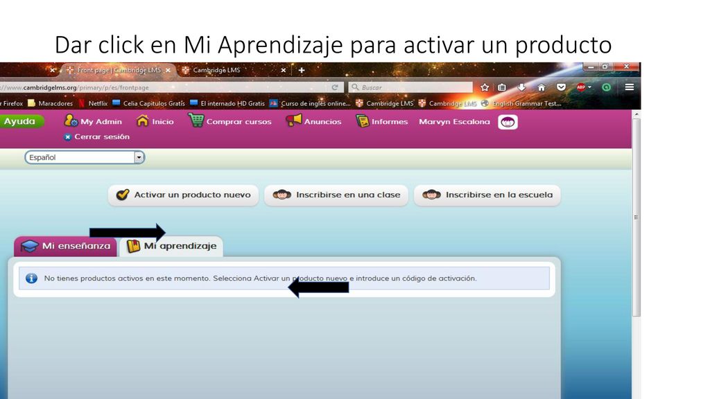 Dar click en Mi Aprendizaje para activar un producto LIBRO