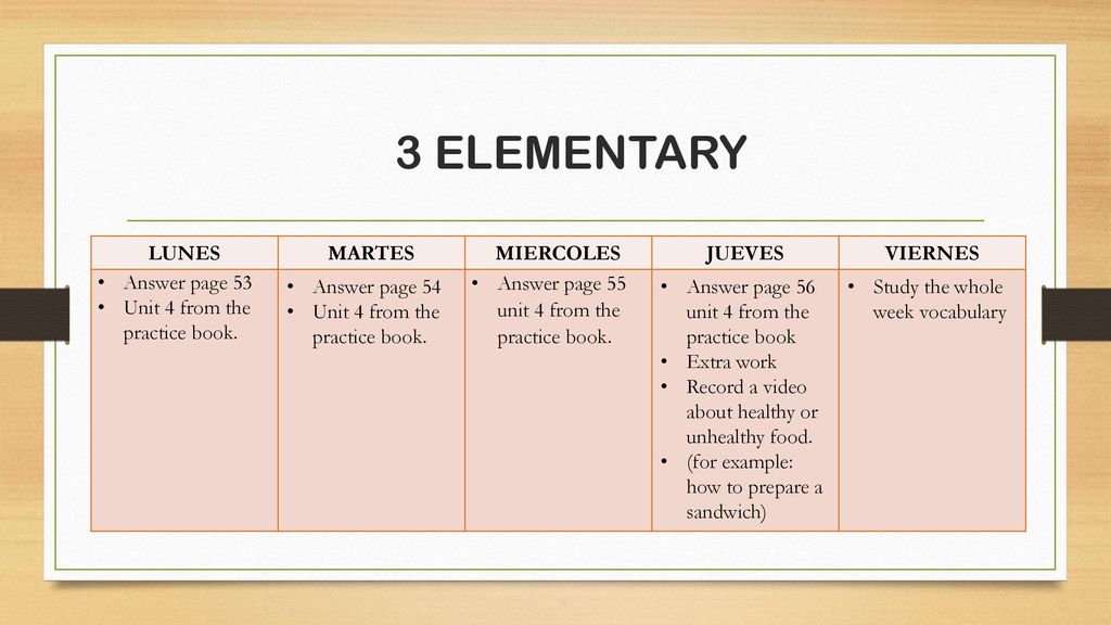 3 ELEMENTARY LUNES MARTES MIERCOLES JUEVES VIERNES Answer page 53
