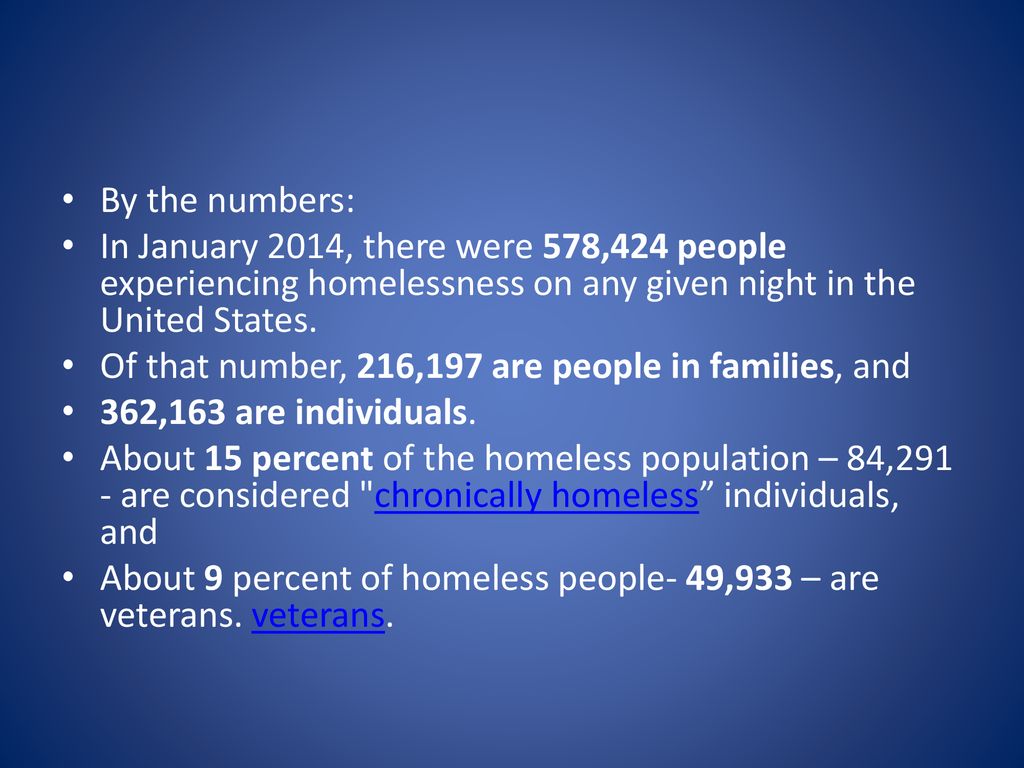 By the numbers: In January 2014, there were 578,424 people experiencing homelessness on any given night in the United States.