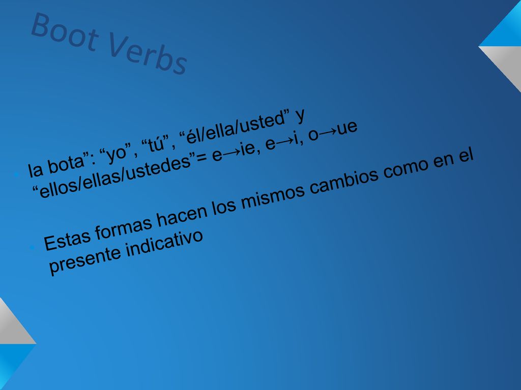 Boot Verbs la bota : yo , tú , él/ella/usted y ellos/ellas/ustedes = e→ie, e→i, o→ue.