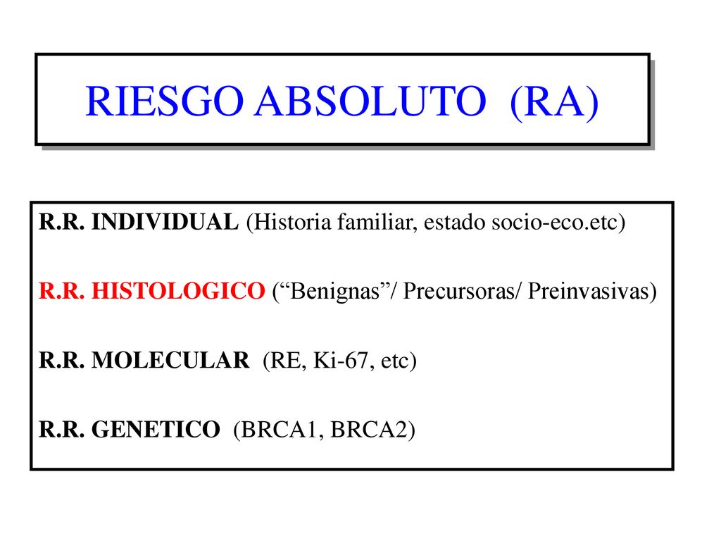 RIESGO ABSOLUTO (RA) R.R. INDIVIDUAL (Historia familiar, estado socio-eco.etc) R.R. HISTOLOGICO ( Benignas / Precursoras/ Preinvasivas)