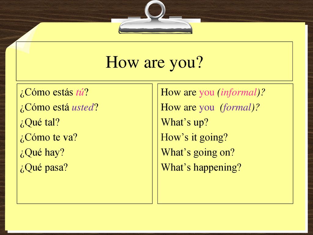 How are you ¿Cómo estás tú ¿Cómo está usted ¿Qué tal ¿Cómo te va ¿Qué hay ¿Qué pasa
