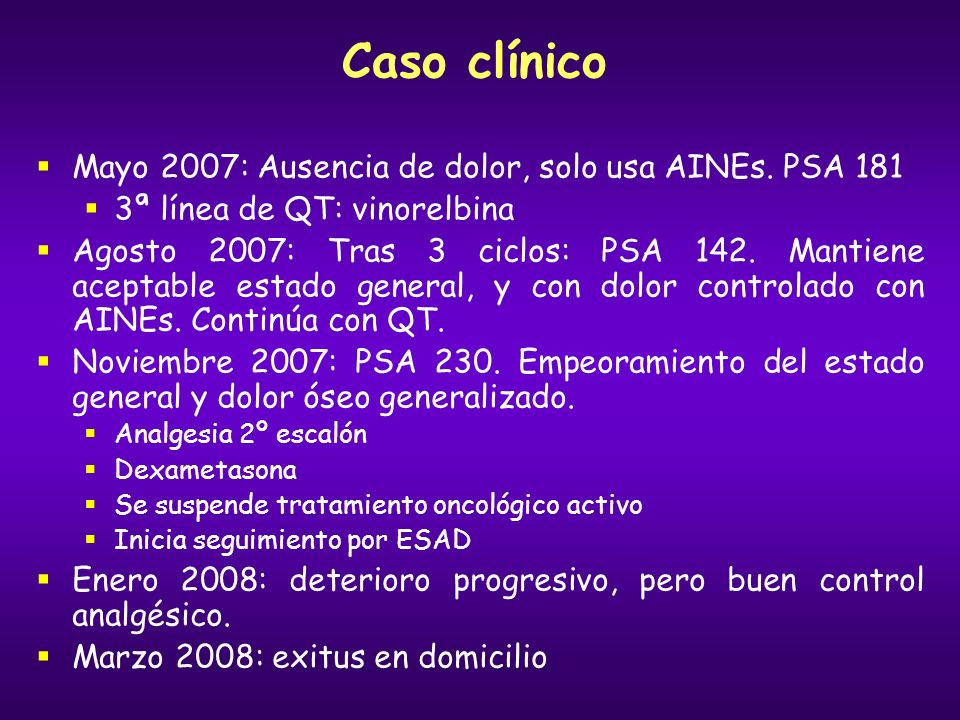 Caso clínico Mayo 2007: Ausencia de dolor, solo usa AINEs. PSA 181