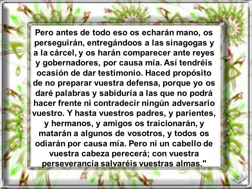 Pero antes de todo eso os echarán mano, os perseguirán, entregándoos a las sinagogas y a la cárcel, y os harán comparecer ante reyes y gobernadores, por causa mía.