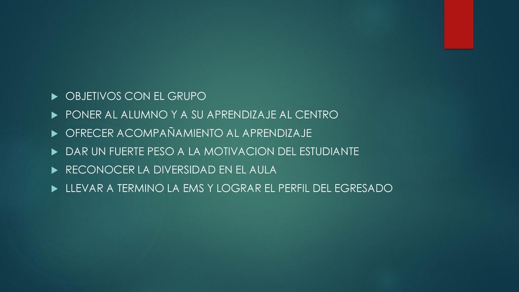 OBJETIVOS CON EL GRUPO PONER AL ALUMNO Y A SU APRENDIZAJE AL CENTRO. OFRECER ACOMPAÑAMIENTO AL APRENDIZAJE.
