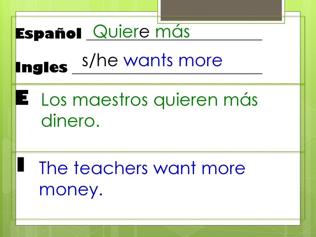 E I Quiere más s/he wants more Los maestros quieren más dinero.