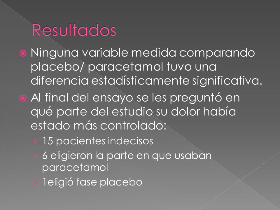 Resultados Ninguna variable medida comparando placebo/ paracetamol tuvo una diferencia estadísticamente significativa.